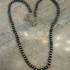 Solid Sterling Silver and Turquoise Beaded Navajo Pearls Necklace